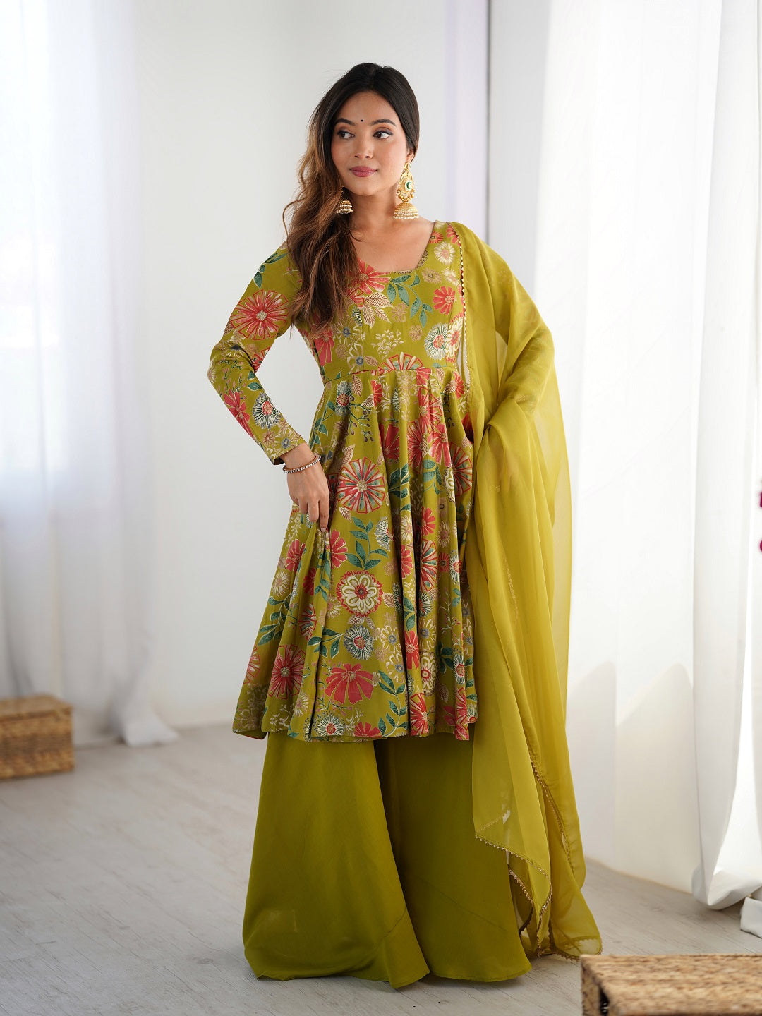 Evanik Mehendi Pure Romance Silk With Print Kediya With Palazzo Suit | Grocsy