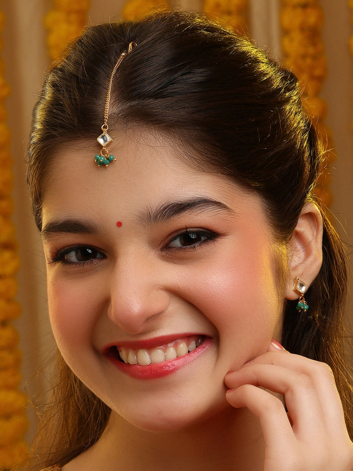 Ruby Raang Gold-White Set Of Earrings And Maang Tikka | Grocsy