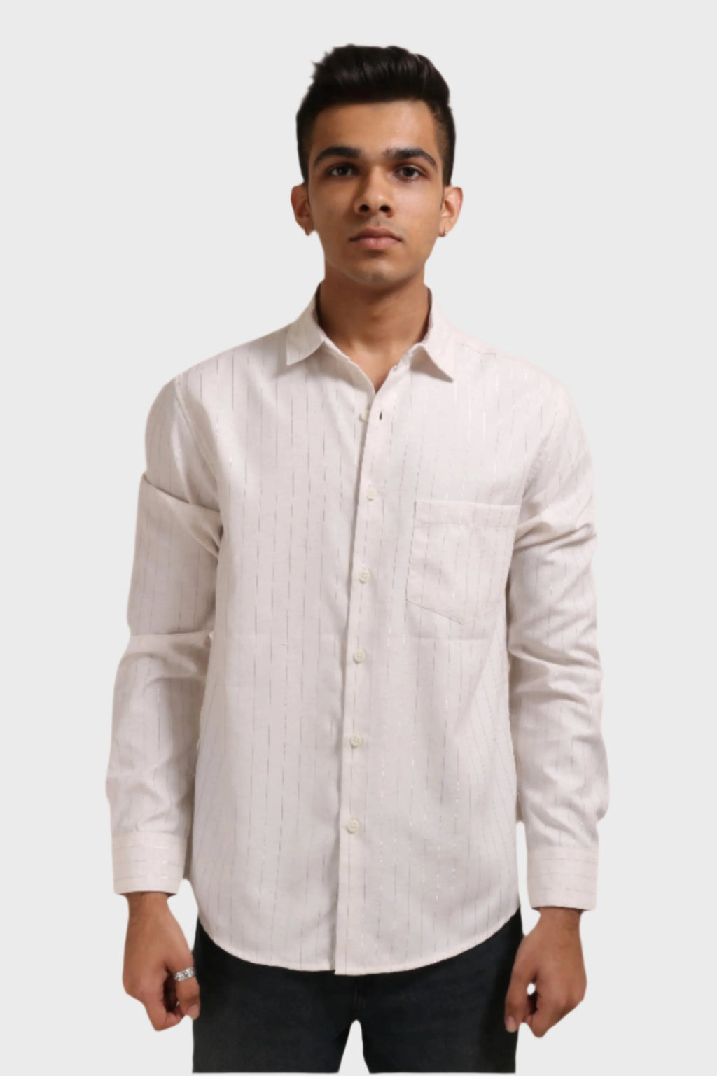 Xkind Off White Silver Stripes Regular Fit Shirt | Grocsy