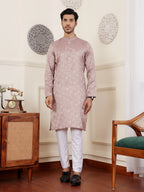 Mauve Modal Silk Wevon Designer Men's Rajwadi Kurta Set - Mahotsav | Grocsy