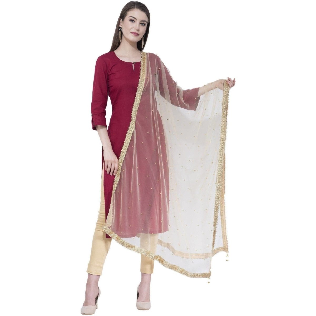 A R Silk Women's Moti Work Net Off White Dupattas and Chunnis | Grocsy
