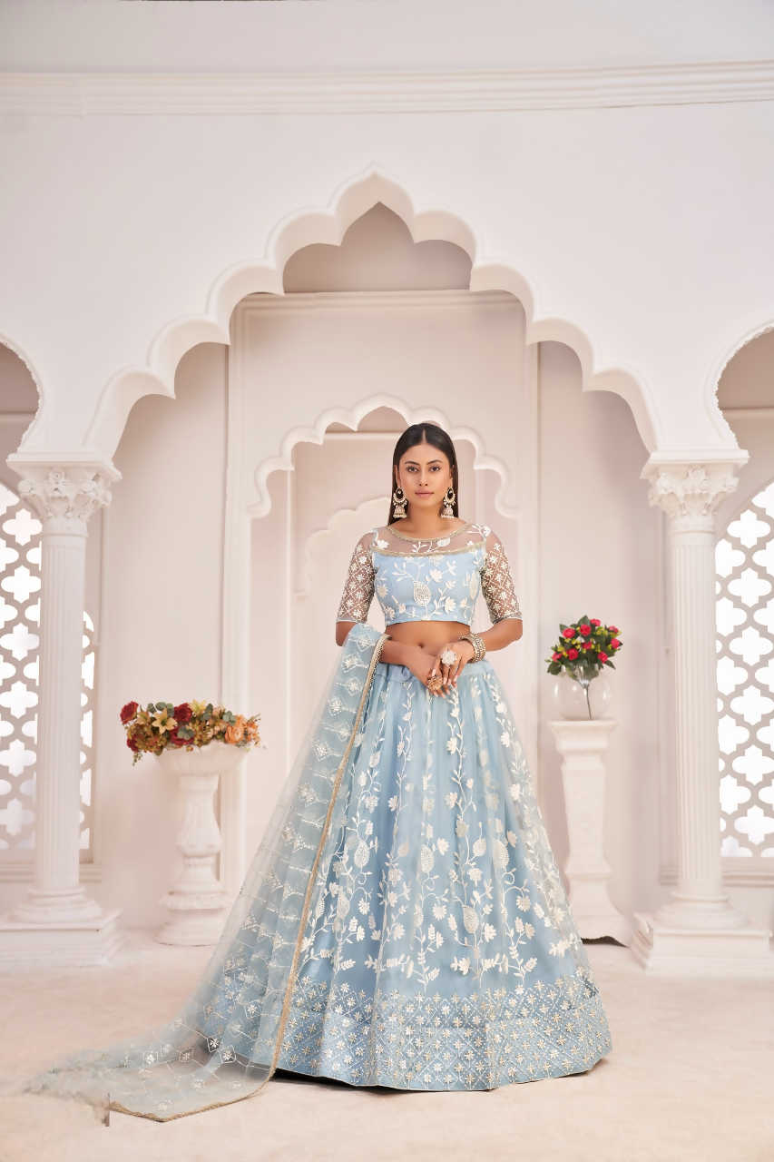 Eilara Women'S Sky Blue Butterfly Net Embroidered Thread Work Festivals Lehenga Choli | Grocsy