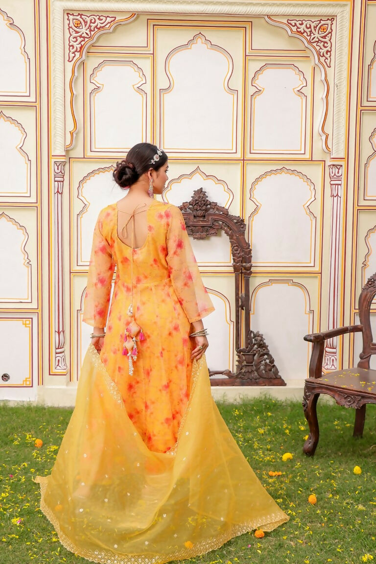 Vaasva Women Yellow Organza Floral Embroidered Anarkali Kurta, Pant & Dupatta set | Grocsy
