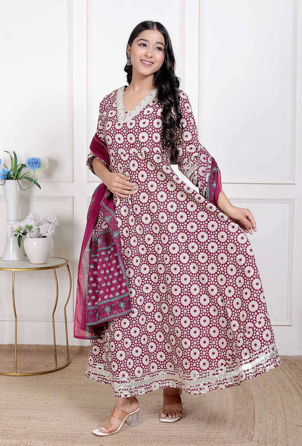 Miravan Women's Cream Embroidered Cotton Anarkali Kurta and Dupatta | Grocsy