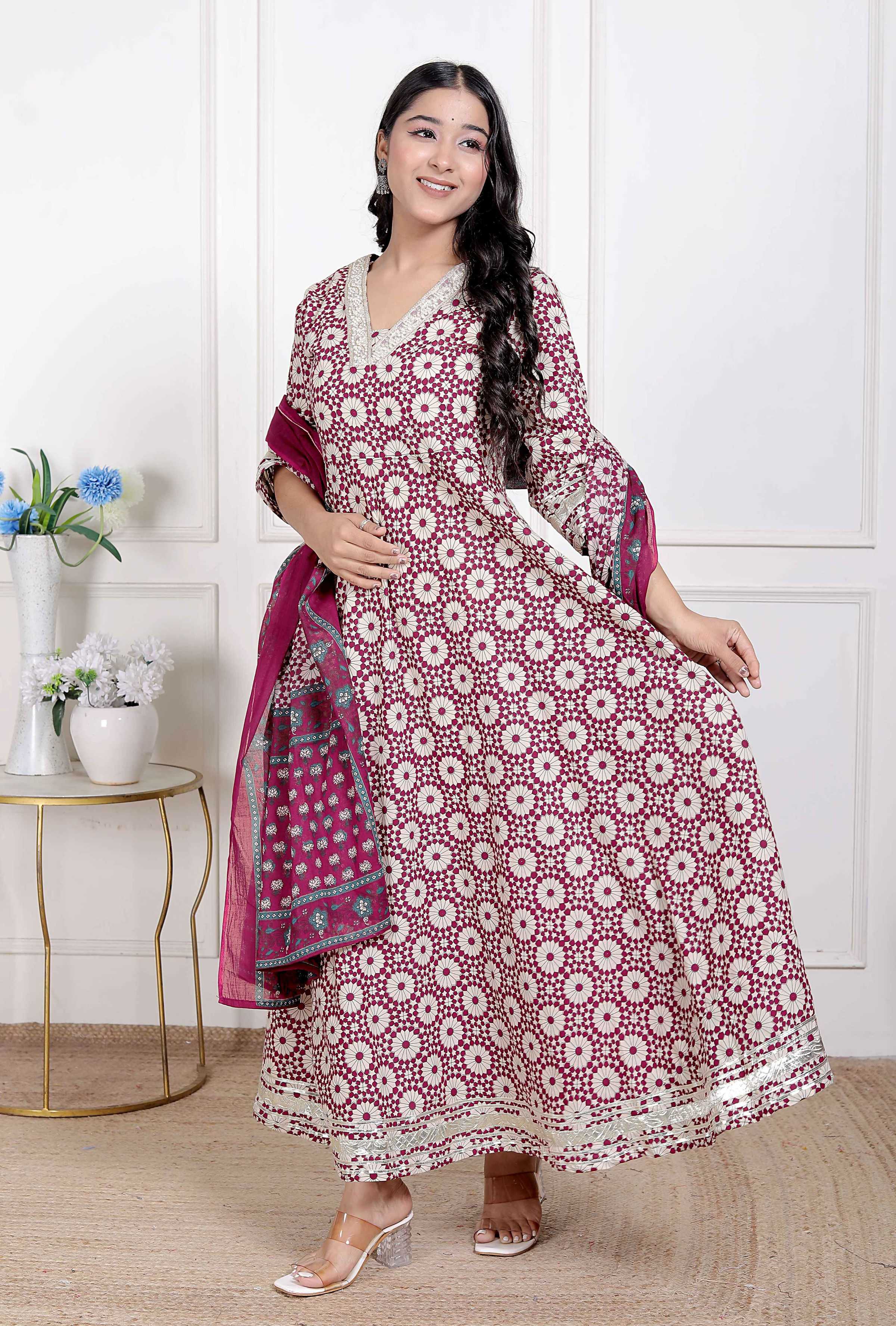 Miravan Women's Cream Embroidered Cotton Anarkali Kurta and Dupatta | Grocsy