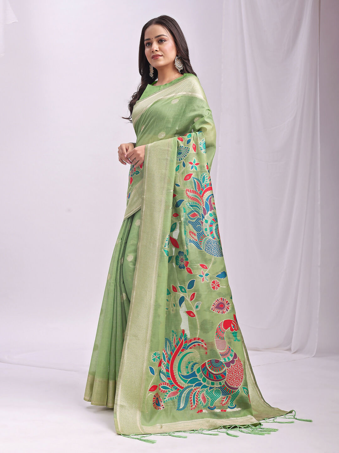 Shree Shyam Fashion Linen Cotton Light Green Saree | Grocsy