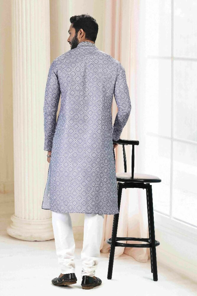 Raivat Ethnic Cotton Thread Work Kurta Pajama In Grey Colour | Grocsy