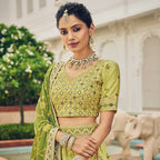 Olive Green Heavy Viscose Khatli, Embroidery & Mirror Work Unstitched Lehenga Choli - Sisha Keshav | Grocsy
