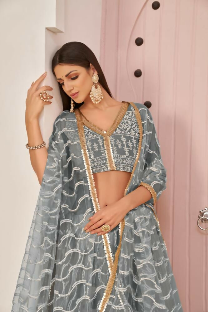 Aastha Fashion Gray Butterfly Net White Cotton Thread Work, Zari Work And Sandwich Sequence Work Embroidery Wedding Wear Lehenga Choli | Grocsy