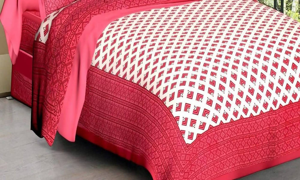 Vamika Printed Cotton White & Pink Bedsheet With Pillow Covers (LEOC_BRFI_P) | Grocsy