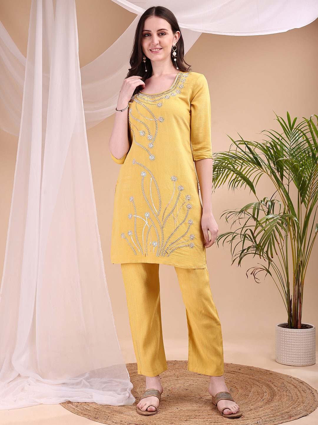 Hand Embroidered Co Ords, Yellow - Hiral Fashion | Grocsy