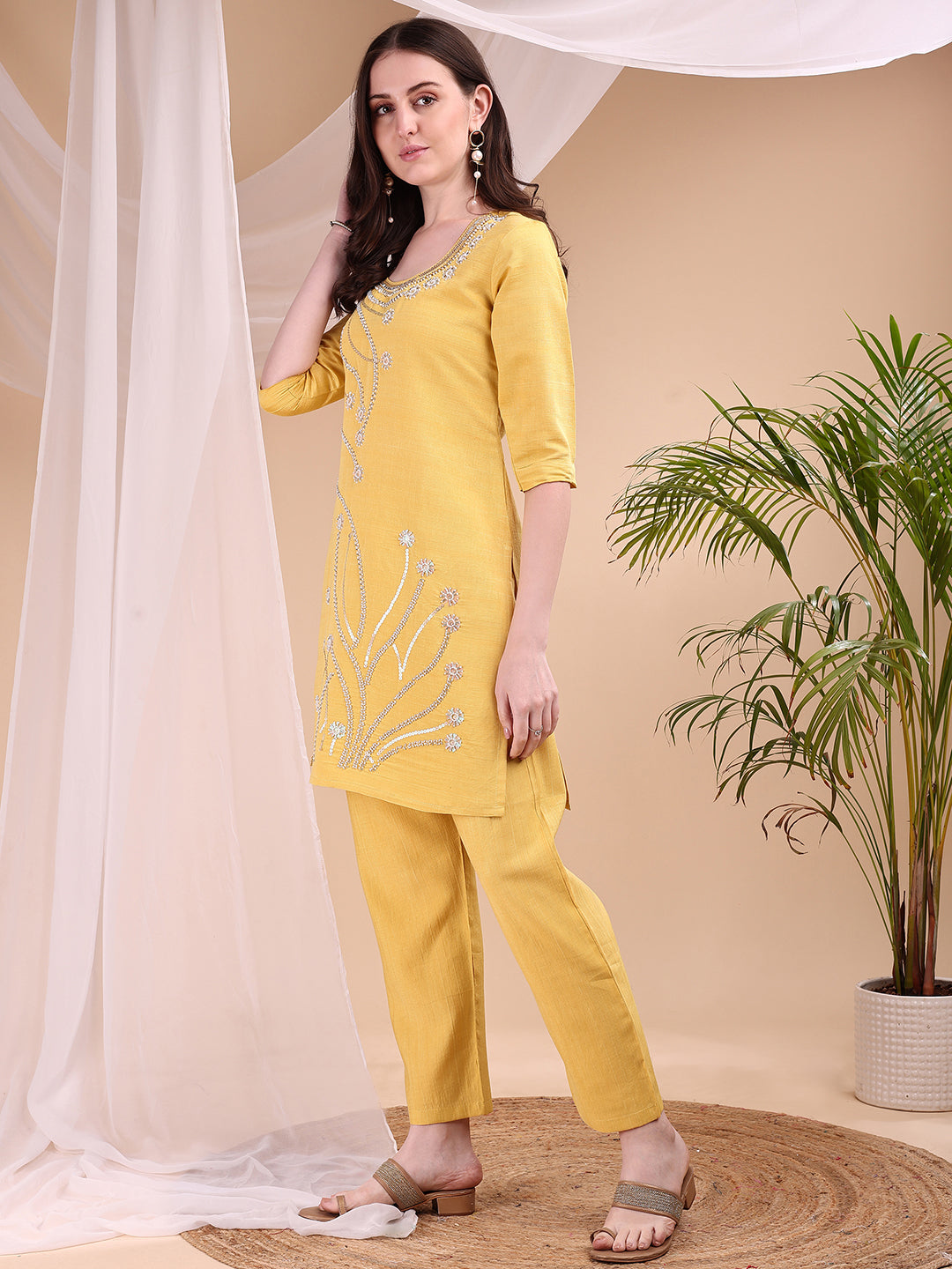Hand Embroidered Co Ords, Yellow - Hiral Fashion | Grocsy