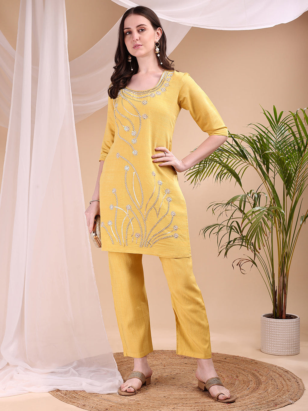 Hand Embroidered Co Ords, Yellow - Hiral Fashion | Grocsy