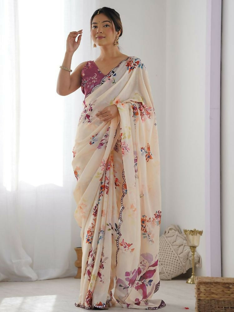 PR Fashion Cream Georgette Digital Print With Mirror Work Saree | Grocsy