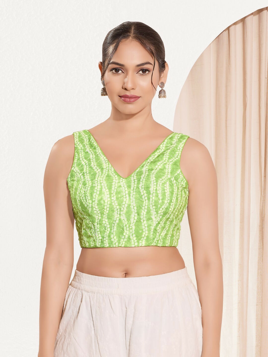 Joban Fashion Pista Green Viscose Rayon Padded Blouse With V Neck Sleeveless | Grocsy