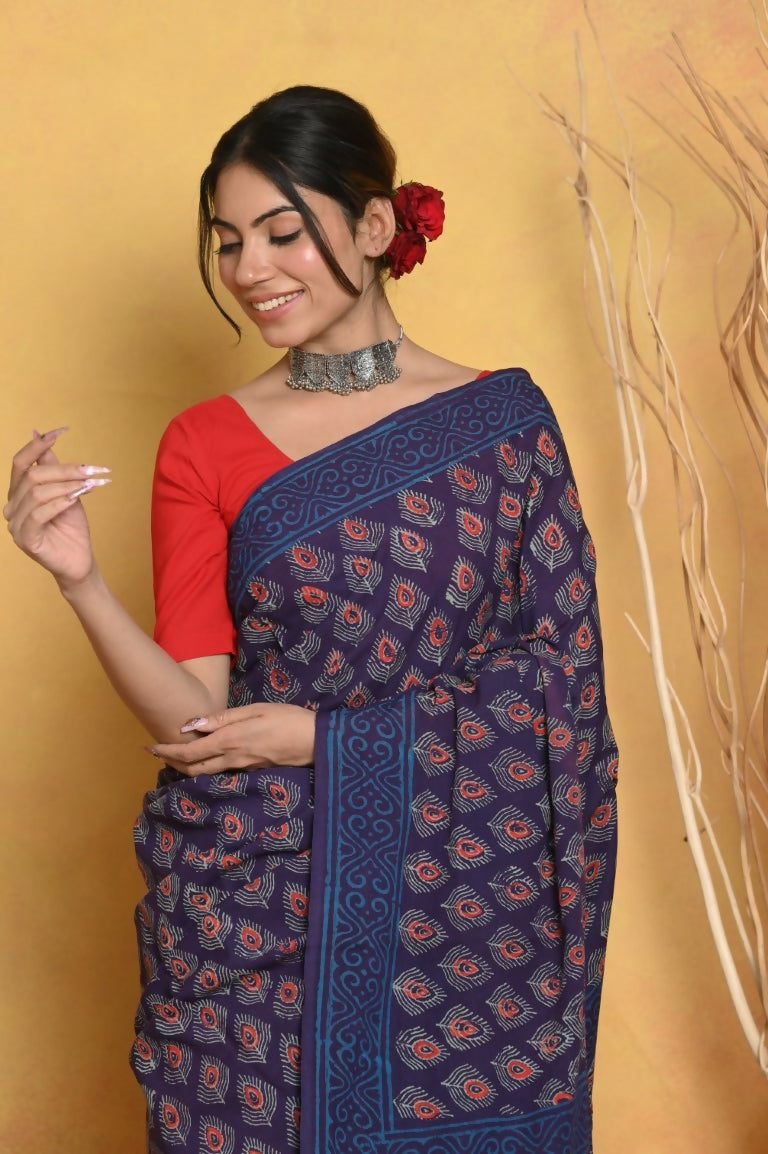 Very Much Indian Handblock Printed Cotton Saree With Natural Dyes - Blue | Grocsy