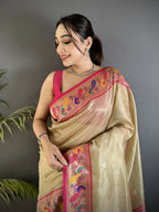 Joban Fashion Beige Zari Weaving Tissue Paithani Saree | Grocsy