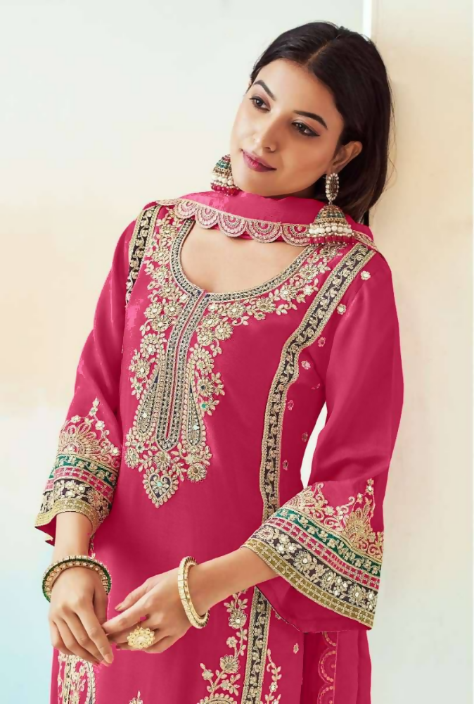 Lorenvalley Fashion Pink Chinon Embroidery With Sequince Work Salwar Kameez Stitched | Grocsy