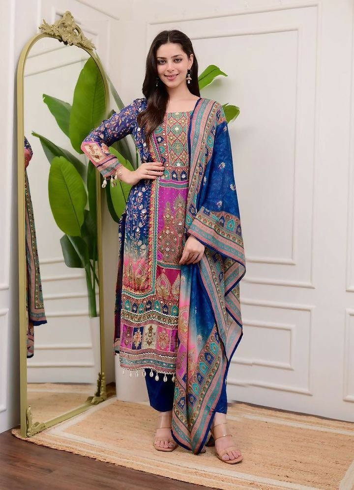 Joban Fashion Multicolor Chinon Embroidery Sequence Work Readymade Kurta Set | Grocsy