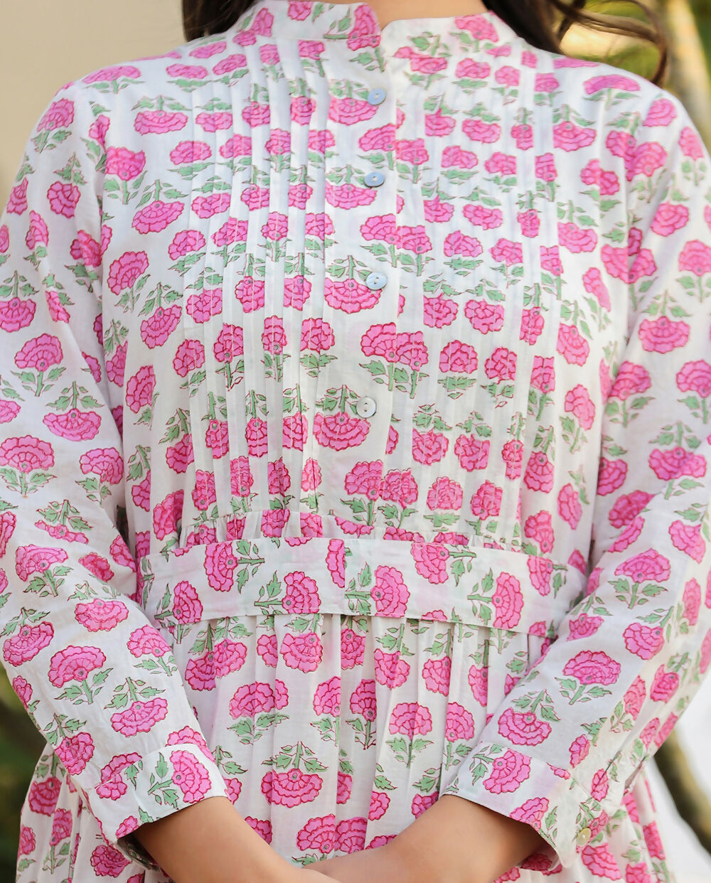 Kaajh Women's Pink Floral Print Cotton Handblock Dress | Grocsy