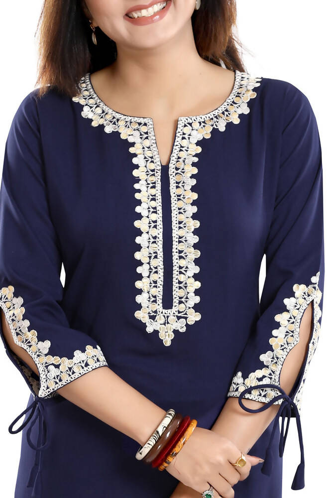 Snehal Creations Graceful Navy Blue Alluring Designer Kurti Tunic with Lace Detailing | Grocsy