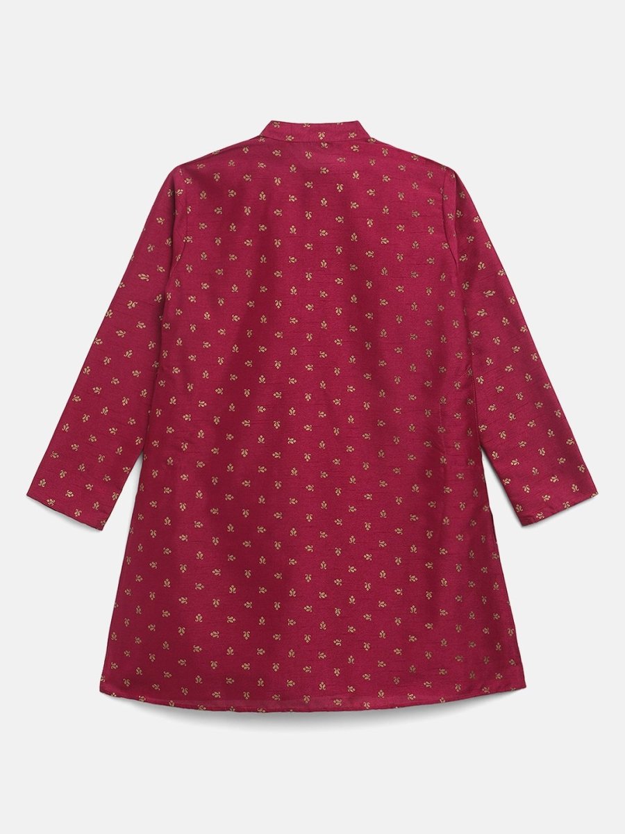 Ahalyaa Boys Wine Poly Silk Gold Printed Kids Kurta Churidar Set | Grocsy