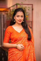 Orange Silk Blend Ajrak Saree with Unstitched Blouse - A2M | Grocsy
