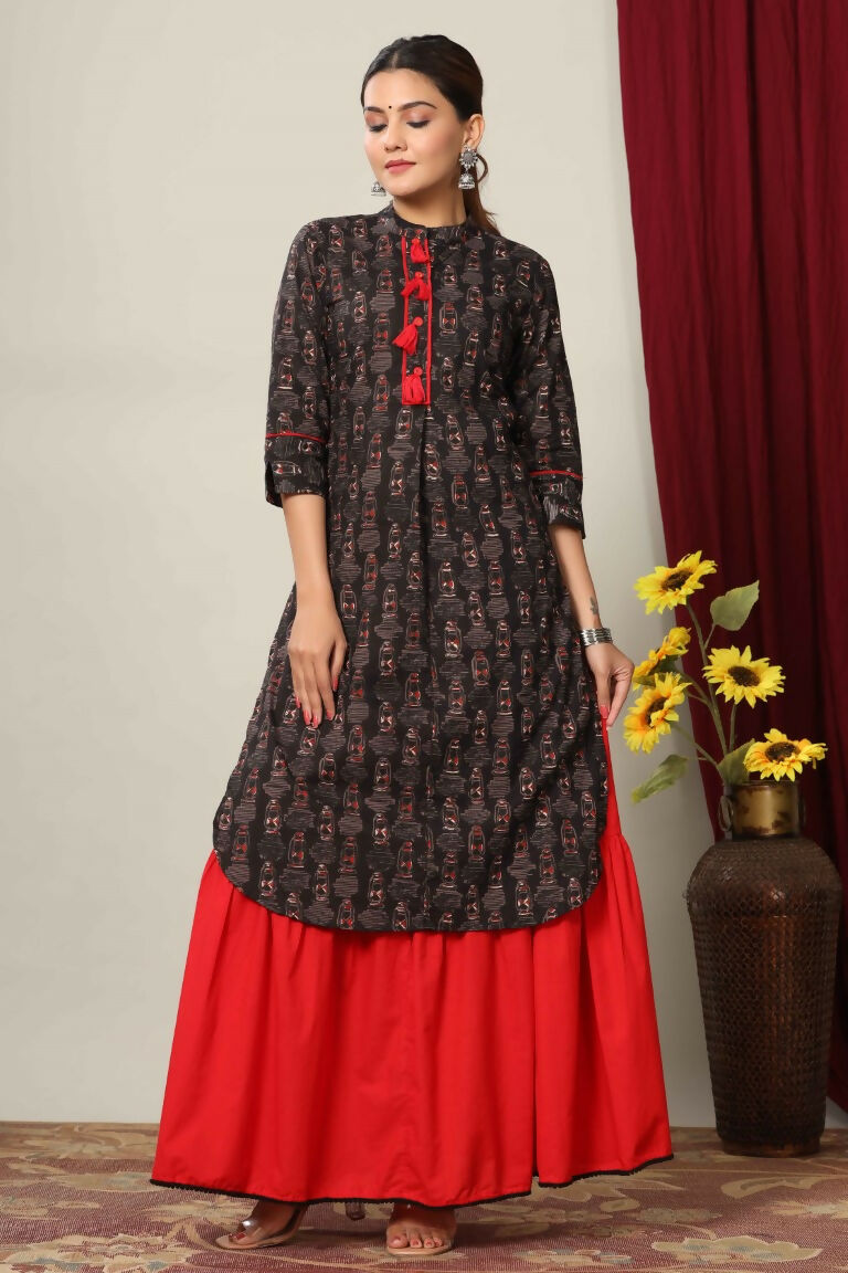 Miravan Women's Black Printed Pure Cotton Kurta With Skirt | Grocsy