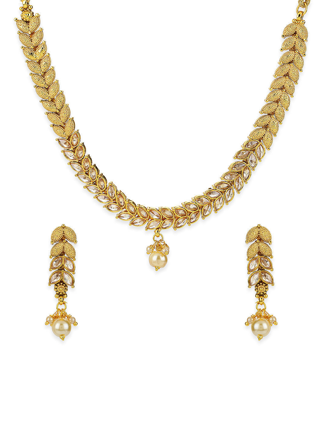 Priyaasi Women Pearls Stones Gold-Polished Leaf Jewellery Set - Swadesiicart