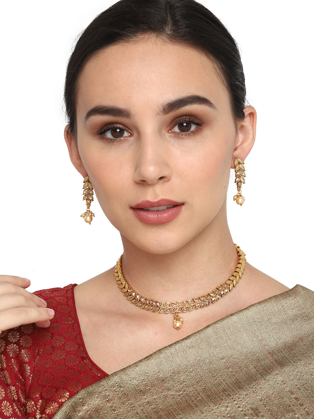 Priyaasi Women Pearls Stones Gold-Polished Leaf Jewellery Set - Swadesiicart
