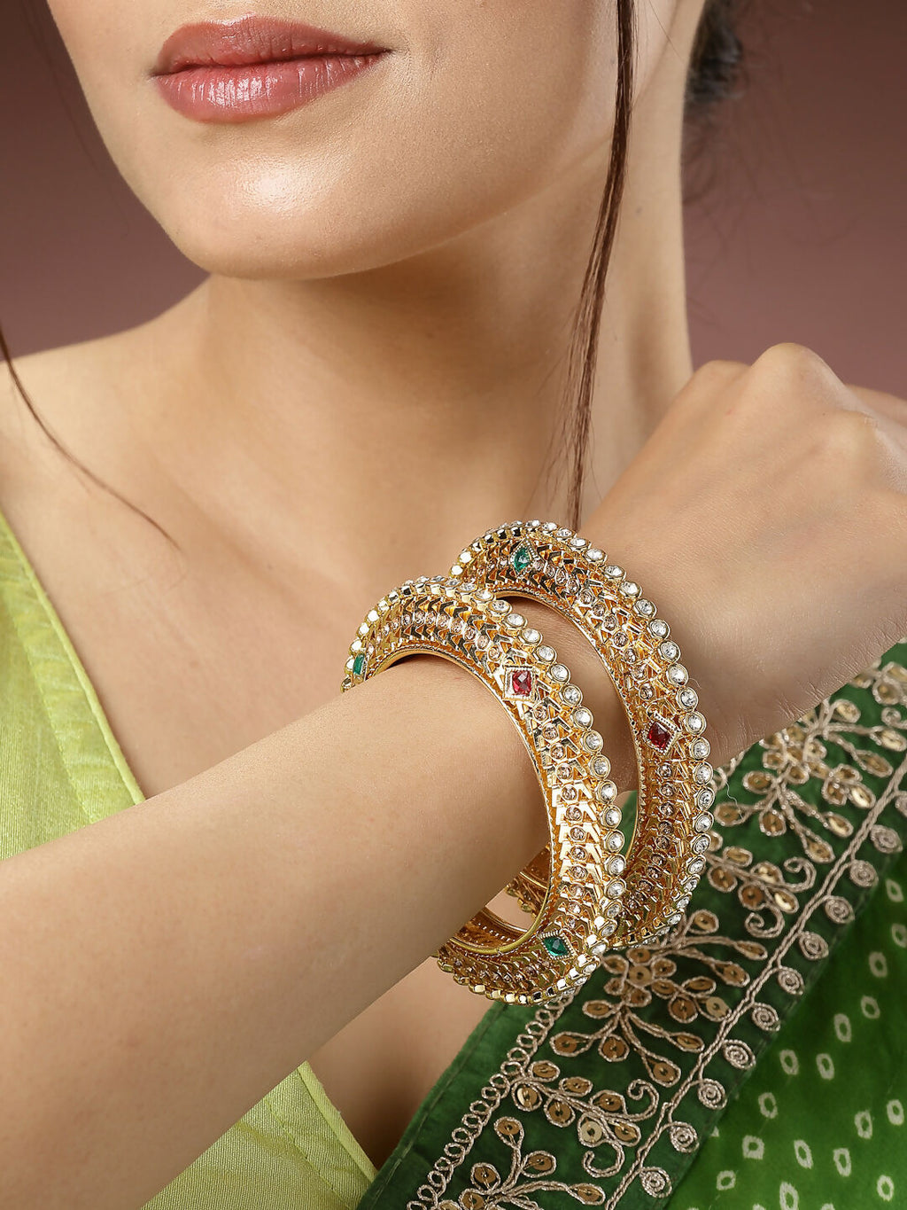 NVR Women's Set of 2 Gold-Polished Kundan Traditional Bangles