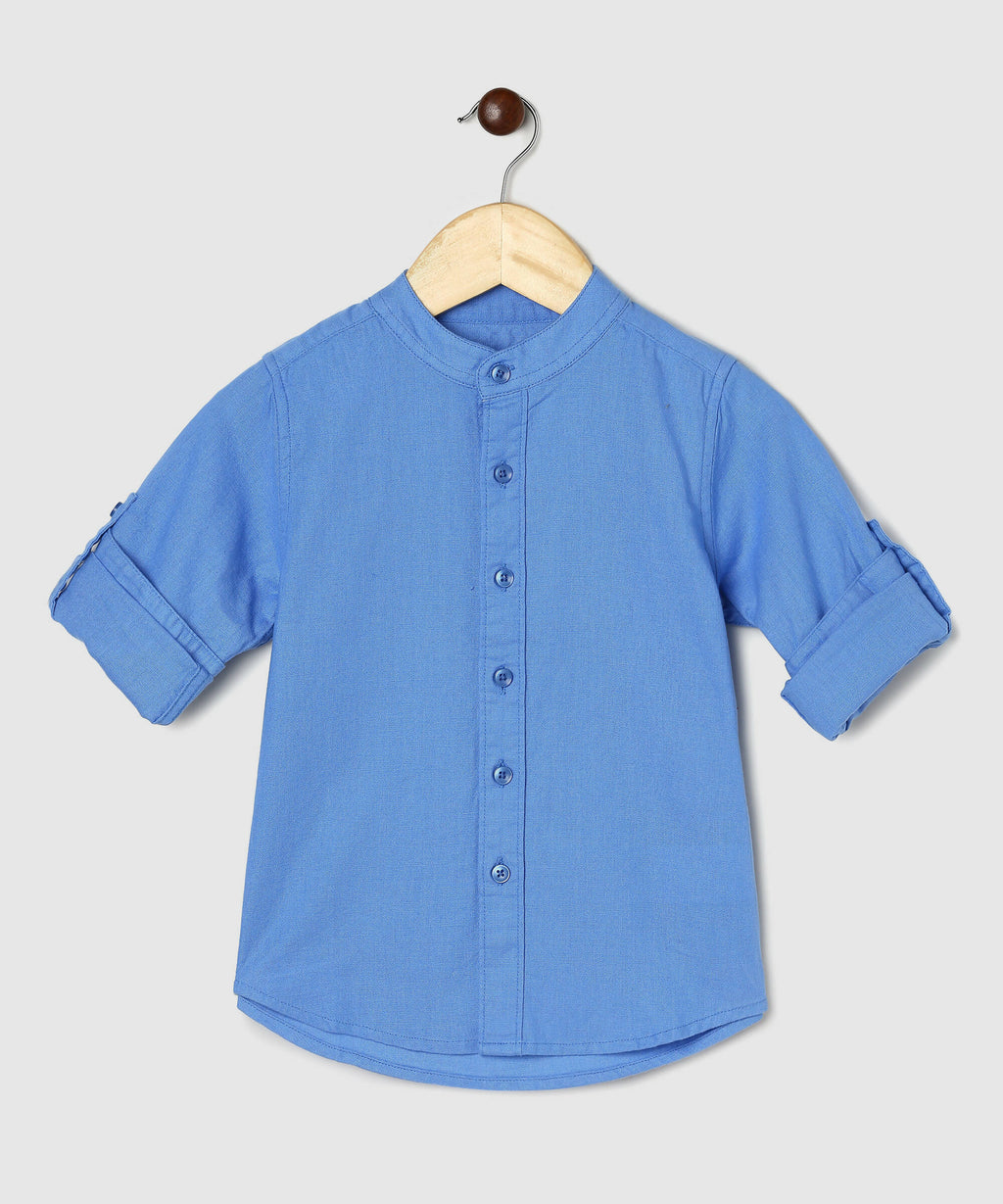 Manet Boys Mandarin Collar Full Sleeves Melange Shirt - Light Blue | Grocsy