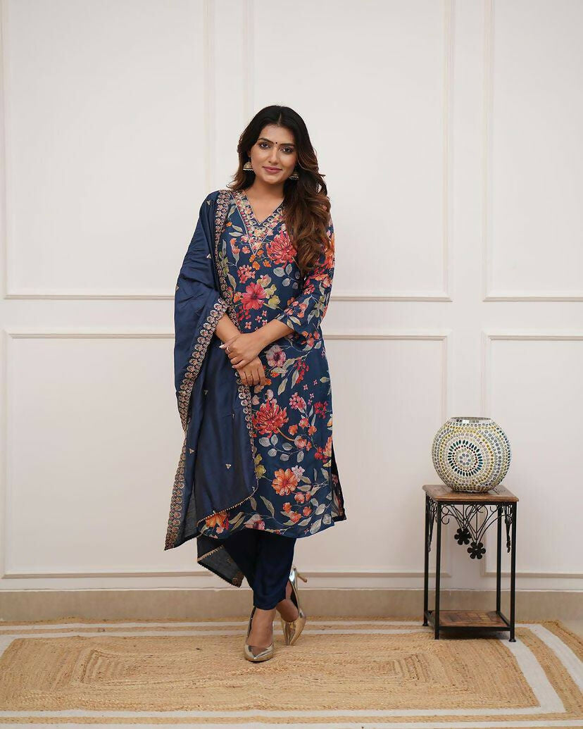 The52 Blue Women's Gorgeous Printed Pure Russian Silk Fabric Straight Kurta Pant with Dupatta Set | Grocsy