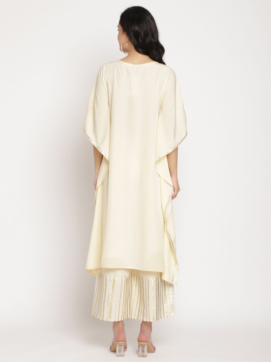 Ahalyaa Women Off White Printed Gotta Patti Kaftan Style Kurta With Palazzos | Grocsy