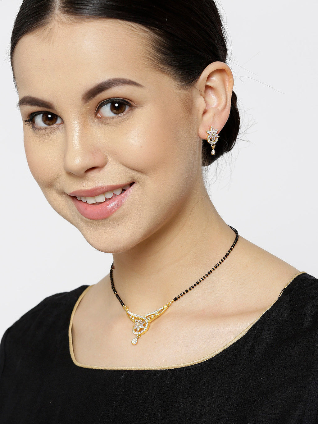 Priyaasi Desiner Floral Shaped Gold-Polished American Diamond Mangalsutra Set For Women - Swadesiicart