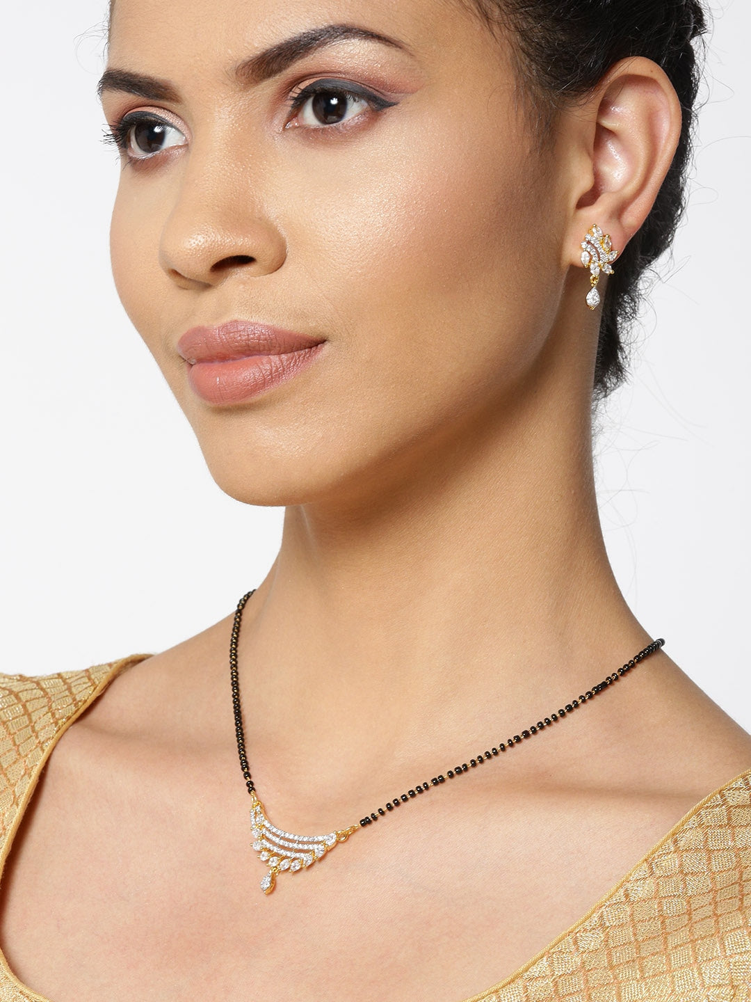 Priyaasi Women Gold-Polished American Diamond Studded Multilayer Design Mangalsutra Set - Swadesiicart