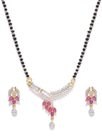 Priyaasi Women Gold-Polished American Diamond and Ruby Studded Mangalsutra Set with Earrings in Floral Pattern - Swadesiicart