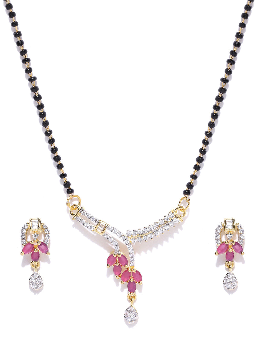 Priyaasi Women Gold-Polished American Diamond and Ruby Studded Mangalsutra Set with Earrings in Floral Pattern - Swadesiicart