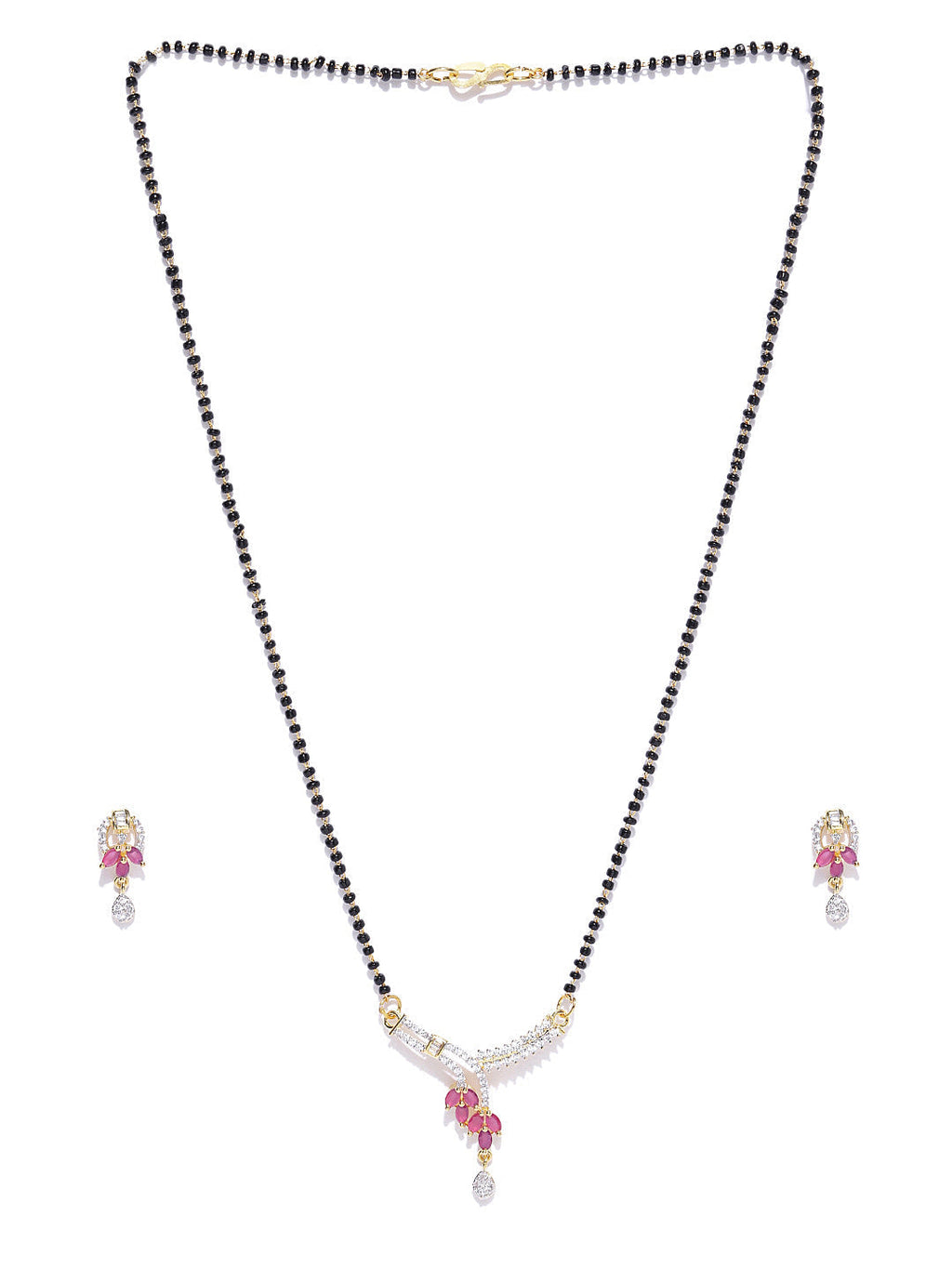 Priyaasi Women Gold-Polished American Diamond and Ruby Studded Mangalsutra Set with Earrings in Floral Pattern - Swadesiicart