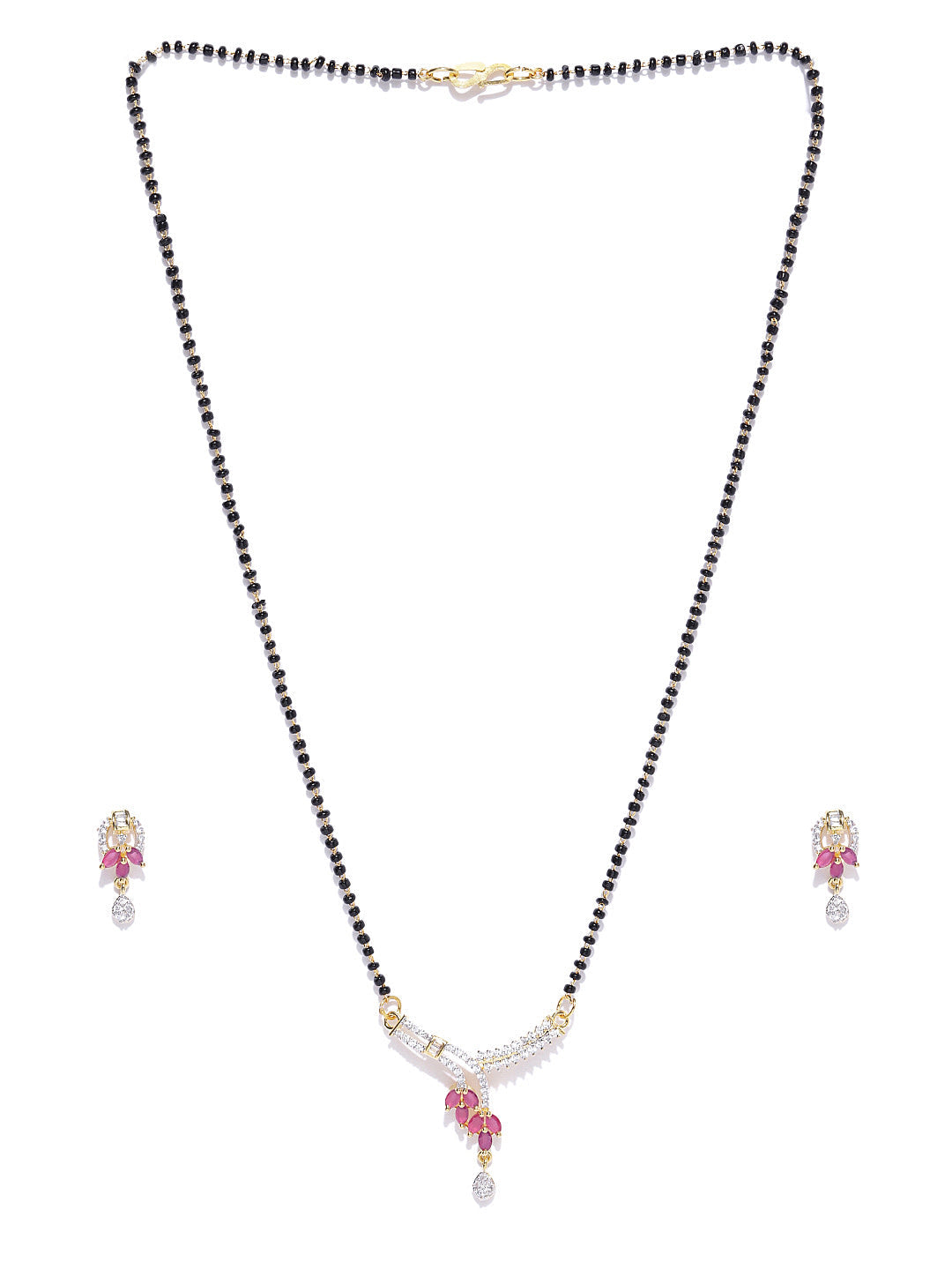 Priyaasi Women Gold-Polished American Diamond and Ruby Studded Mangalsutra Set with Earrings in Floral Pattern - Swadesiicart