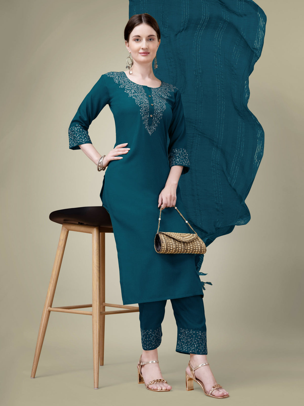 Jyoti Fashion Women's Morpich Cotton Blend Embroidery & Sequence work Kurta with Trouser & Dupatta | Grocsy