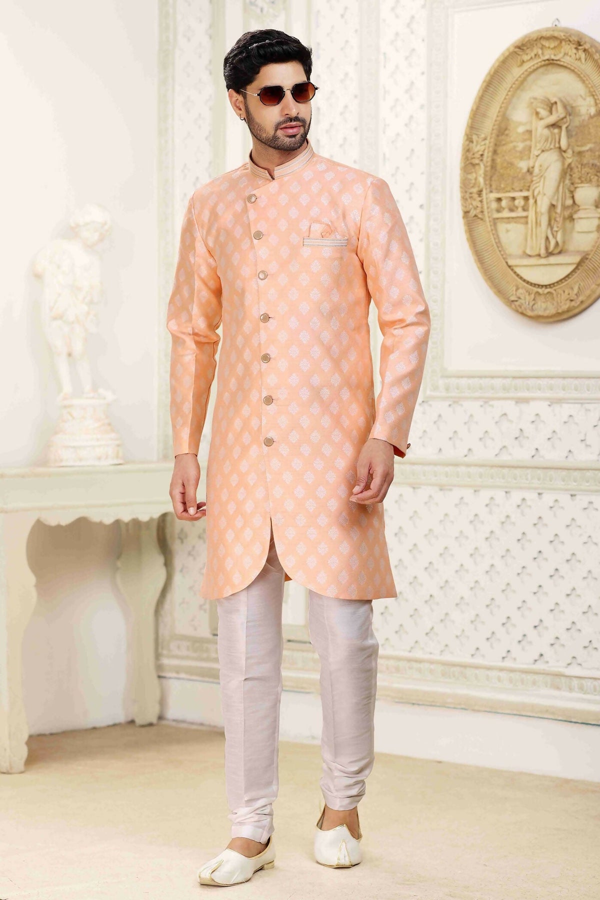 Raivat Ethnic Banarasi Jacquard Embroidery Semi Indo Western Sherwani In Peach Colour | Grocsy