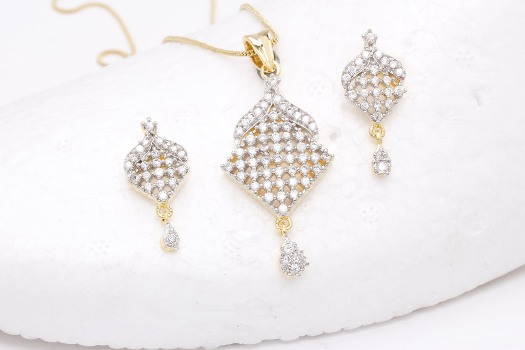 Gold-Polished Alloy American Diamond Pendant Necklace Set - The Pari | Grocsy