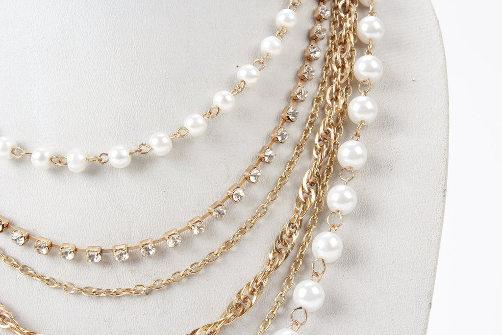 Gold-Polished Alloy Rhinestones And Pearl Layered Necklace - The Pari | Grocsy