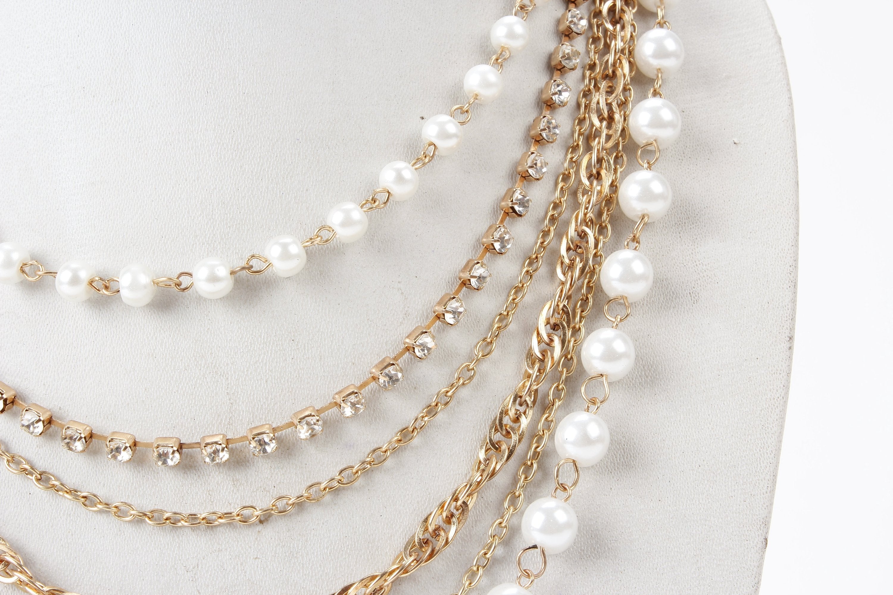 Gold-Polished Alloy Rhinestones And Pearl Layered Necklace - The Pari | Grocsy