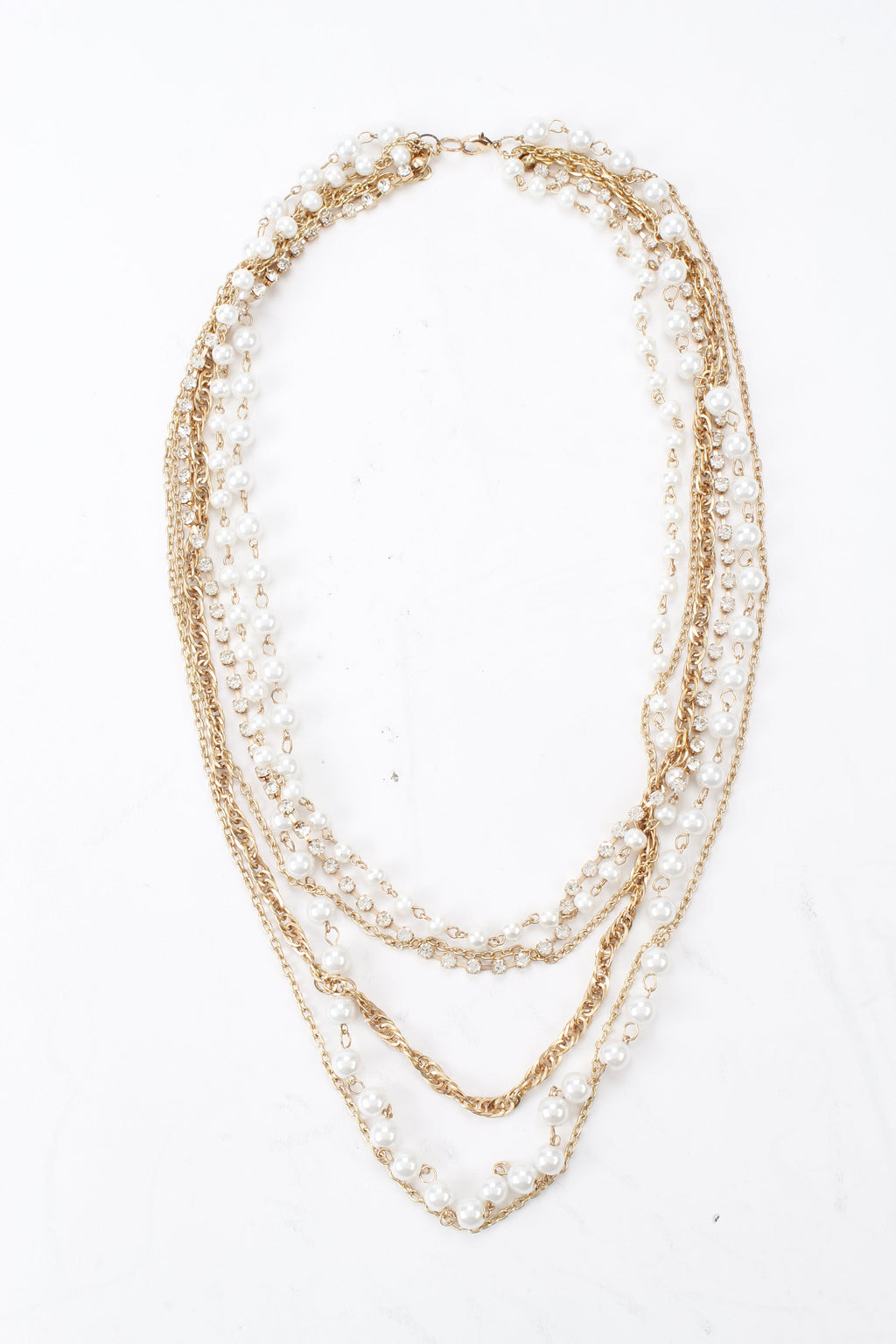 Gold-Polished Alloy Rhinestones And Pearl Layered Necklace - The Pari | Grocsy