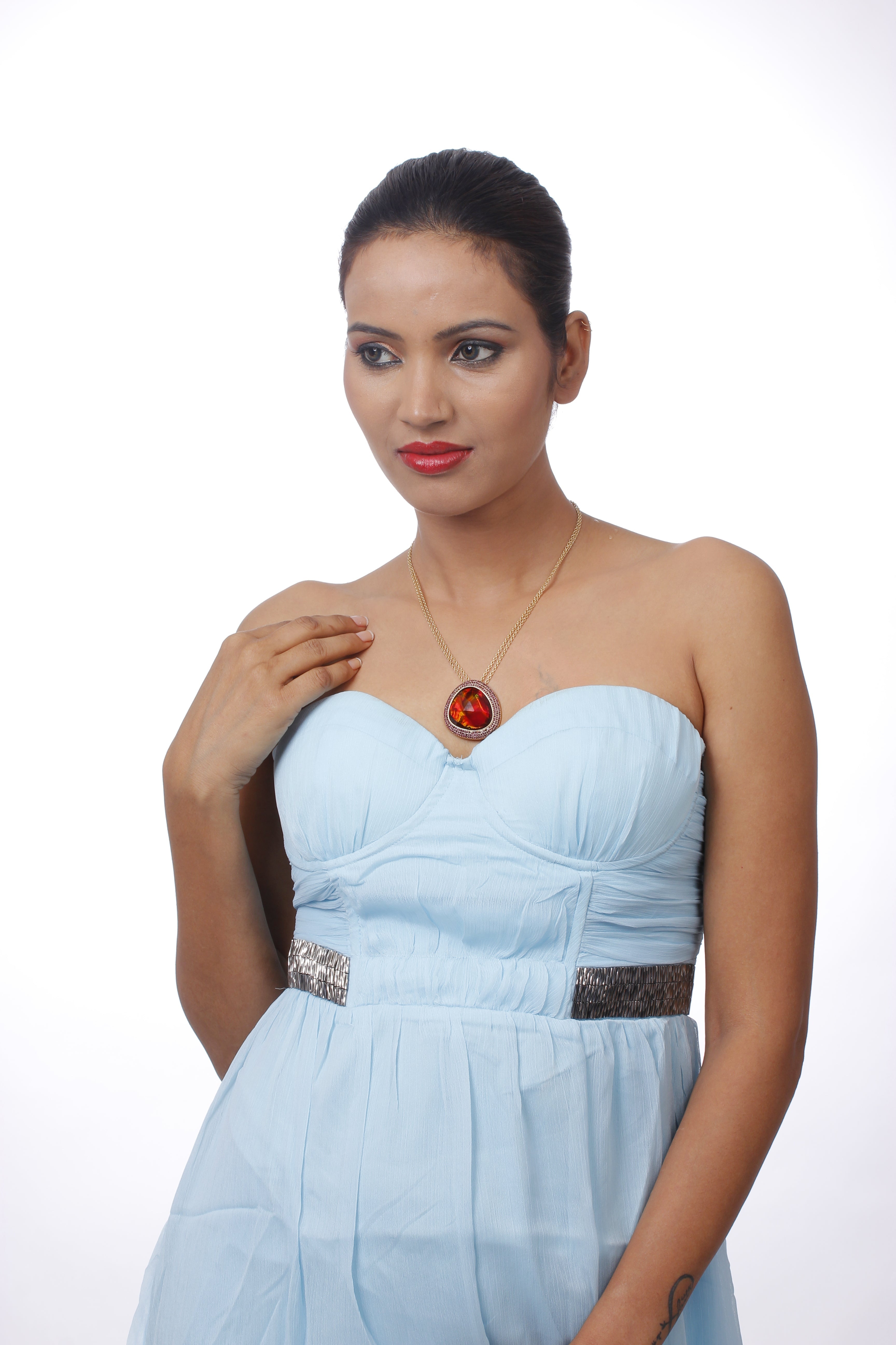 Gold-Polished Alloy Assymetric Stone Studded Pendant Necklace - The Pari | Grocsy