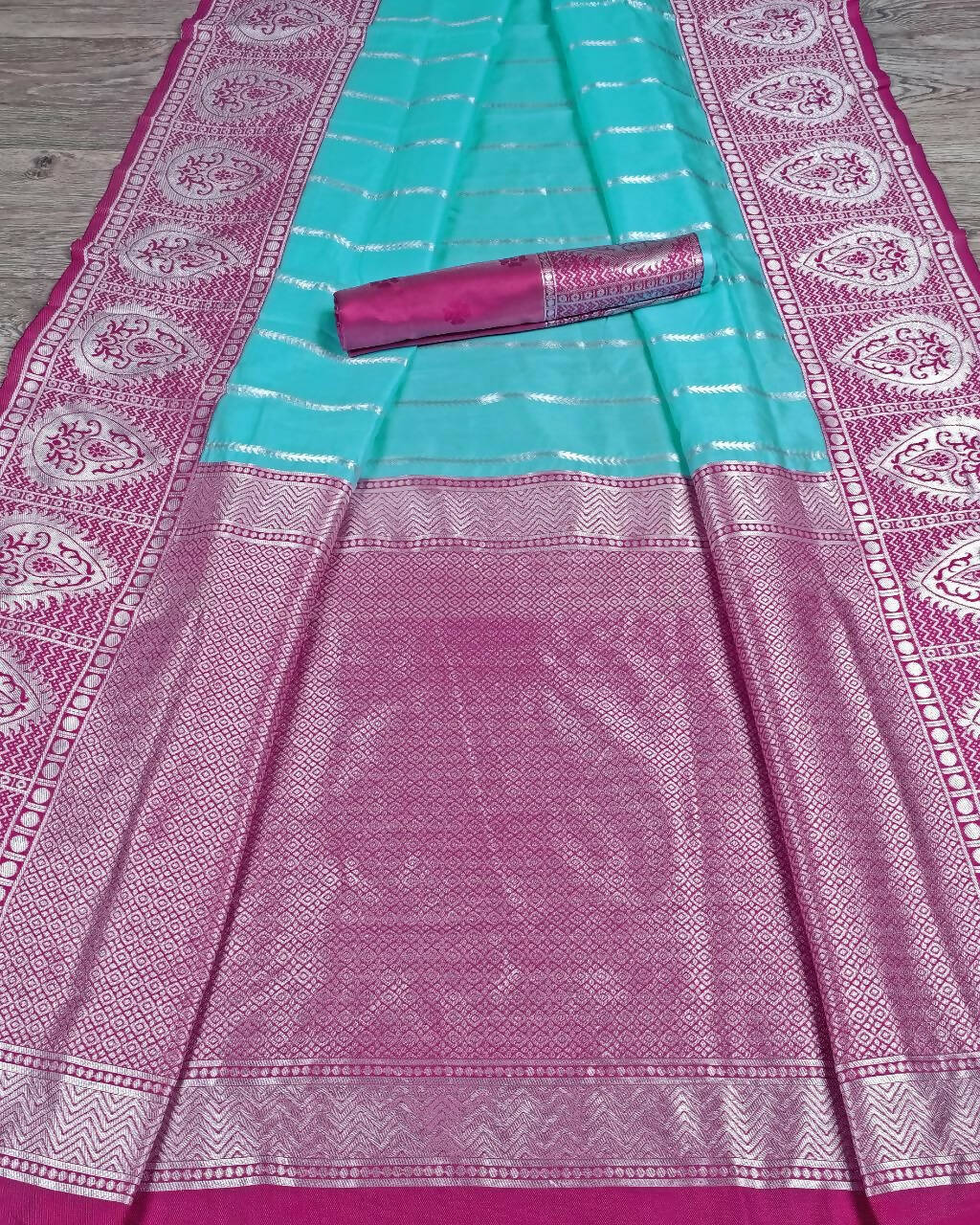 DEIANA'S Beautiful Designer Golden zari Soft Lichi Silk Saree - Blue | Grocsy