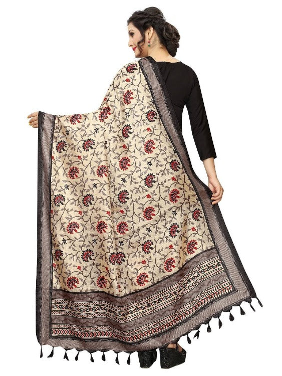 Vamika Flower Printed Black Khadi Bhagalpuri Dupatta | Grocsy