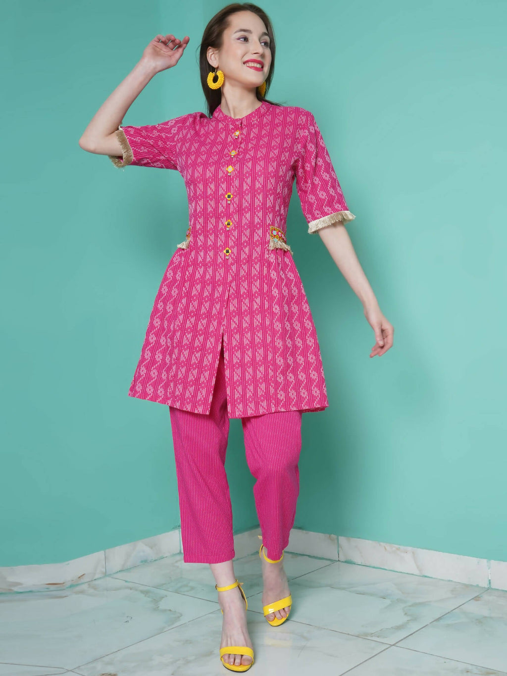 Women Republic Pink Cotton Kantha Kurta Set | Grocsy